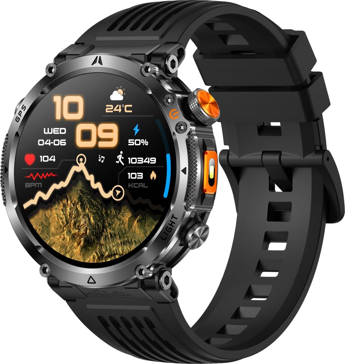 Knobbout GPS Smartwatch 1.7" (4,3 cm) met LED Zaklamp – 850mAh Batterij | IP68 Waterdicht | Kompas, Hoogtemeter & Barometer | Outdoor Sport Horloge met Bluetooth Bellen - Zwart — afbeelding 1