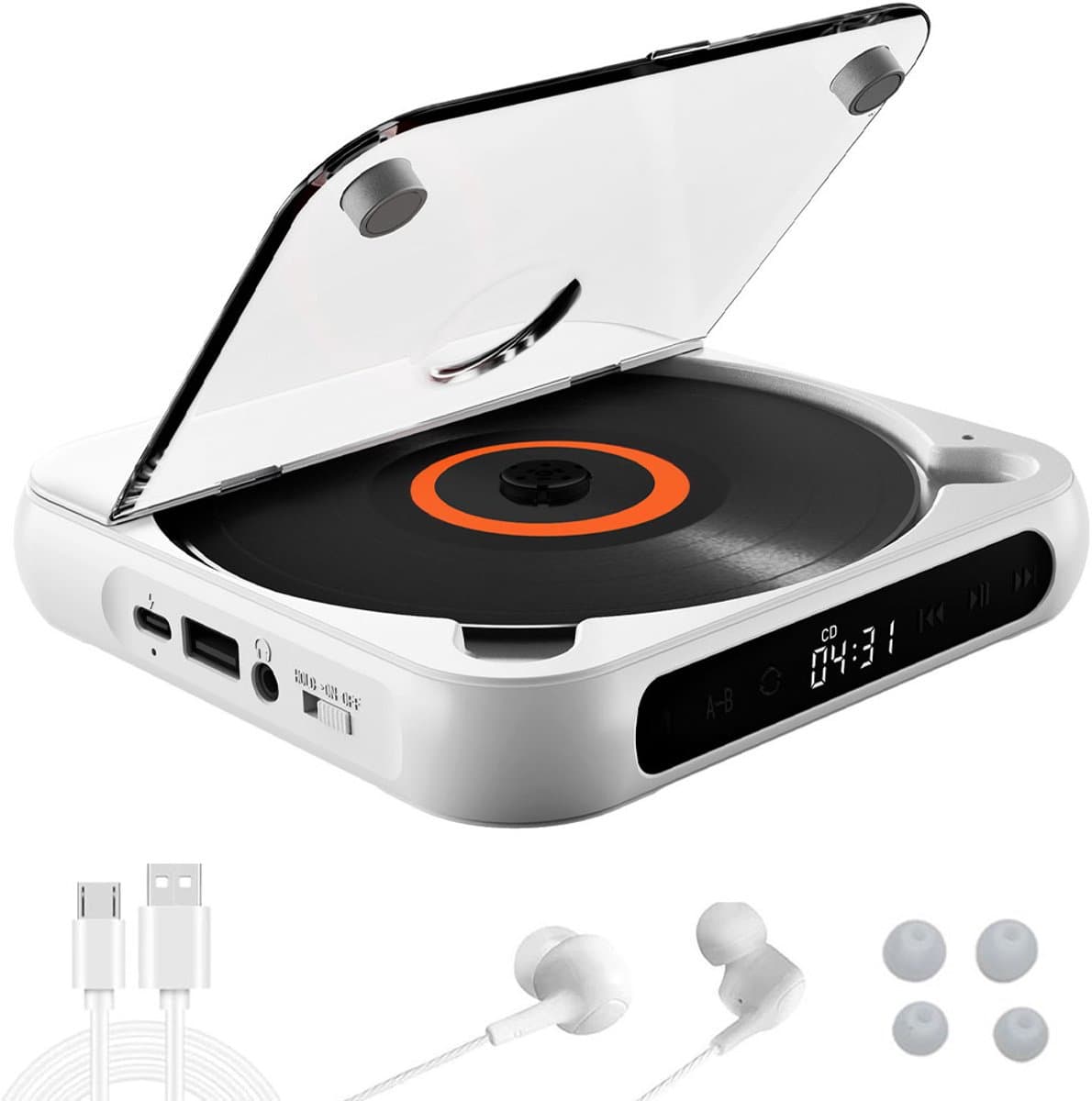 CD Speler - Draagbare Bluetooth-cd-speler met USB-C-snelladen - Ultradun en compact - Ondersteunt CD/CD-R/CD-RW/MP3/WMA-formaten - Geschikt voor zowel reizen als thuisgebruik - 3.5 MM AuxIngebouwde speaker - Met oortjes en datakabel - 2000mah — afbeelding 1