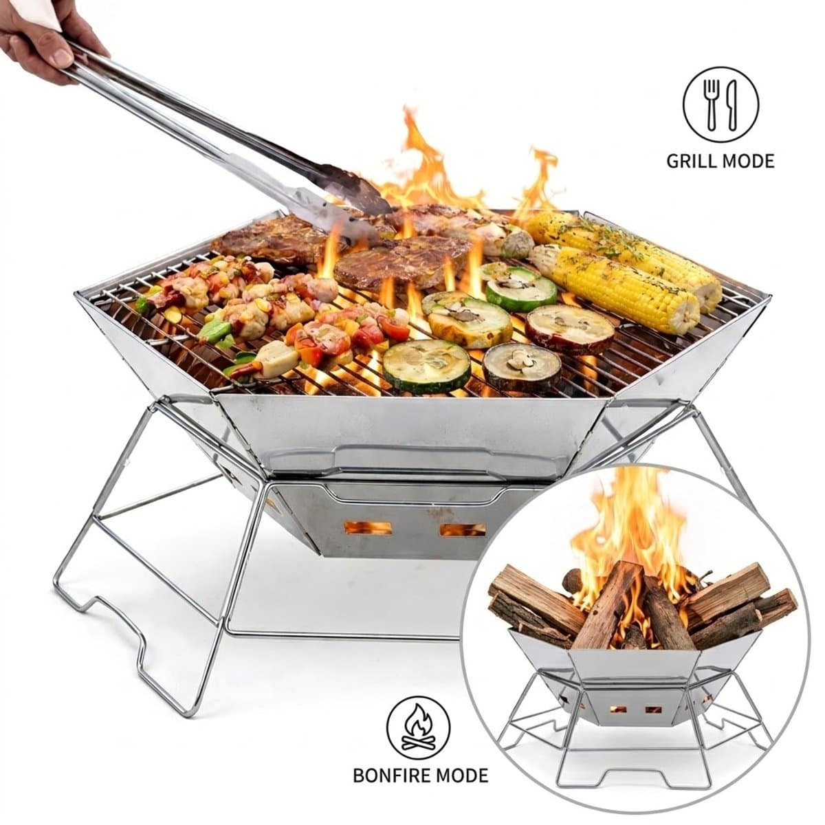 Opvouwbare Houtskool BBQ & Vuurplaats – RVS Camping Barbecue – Draagbaar & Stevig – Groot Formaat – Voor BBQ, Kampvuur & Outdoor Koken — afbeelding 1