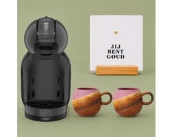 KRUPS NESCAFÉ Dolce Gusto MiniMe KP120810 - Koffiecupmachine - Antraciet / zwart + 2 Bloomingville oudroze-terracotta-bruine mokken "Coffee Affair" + witte tegel "Jij bent goud" + tegelhouder