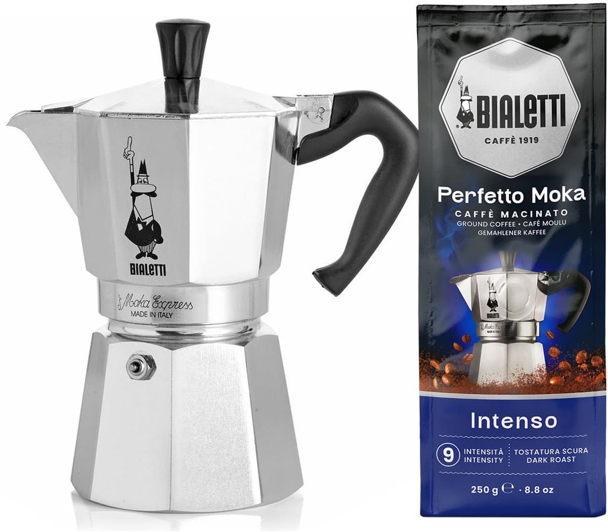 Bialetti Moka Express 2 kops + Bialetti Intenso gemalen koffie 250gr — afbeelding 1