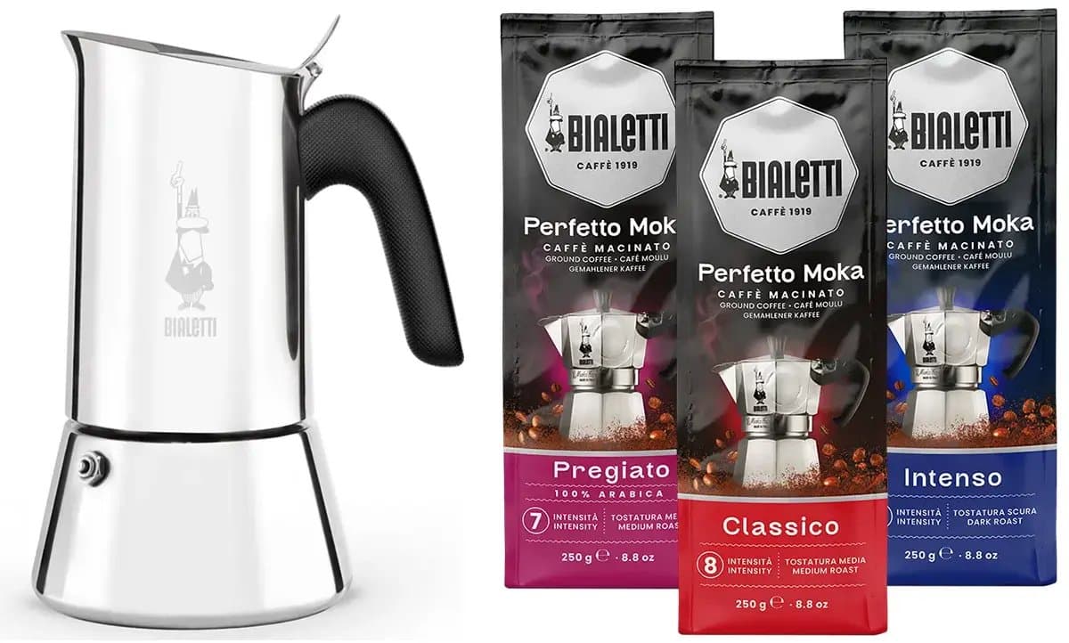 Bialetti Venus Percolator RVS 2 kops + Bialetti Koffiepakket 3 x 250gr — afbeelding 1