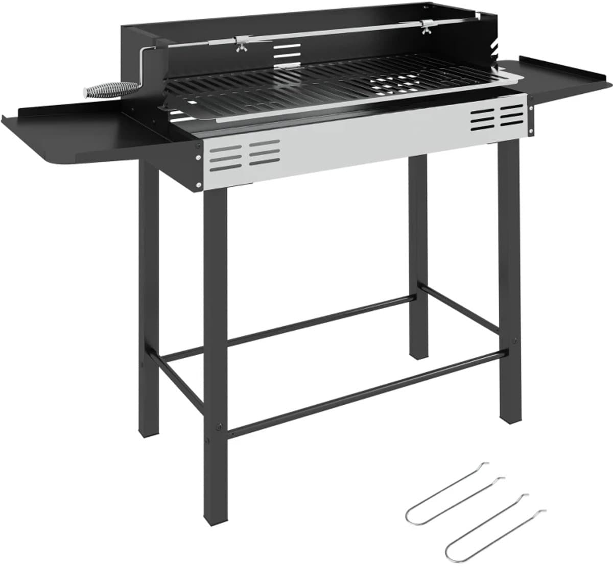 Premie 2-in-1 Houtskool Barbecue - Smoker Barbecue - Houtskoolgrill - met Verstelbaar Grillrooster, 1 Draaispit, Wielen - BBQ voor Kamperen, Buiten, Tuin - 118 x 32 x 90 cm - Zwart + Zilver — afbeelding 1