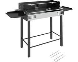 Premie 2-in-1 Houtskool Barbecue - Smoker Barbecue - Houtskoolgrill - met Verstelbaar Grillrooster, 1 Draaispit, Wielen - BBQ voor Kamperen, Buiten, Tuin - 118 x 32 x 90 cm - Zwart + Zilver
