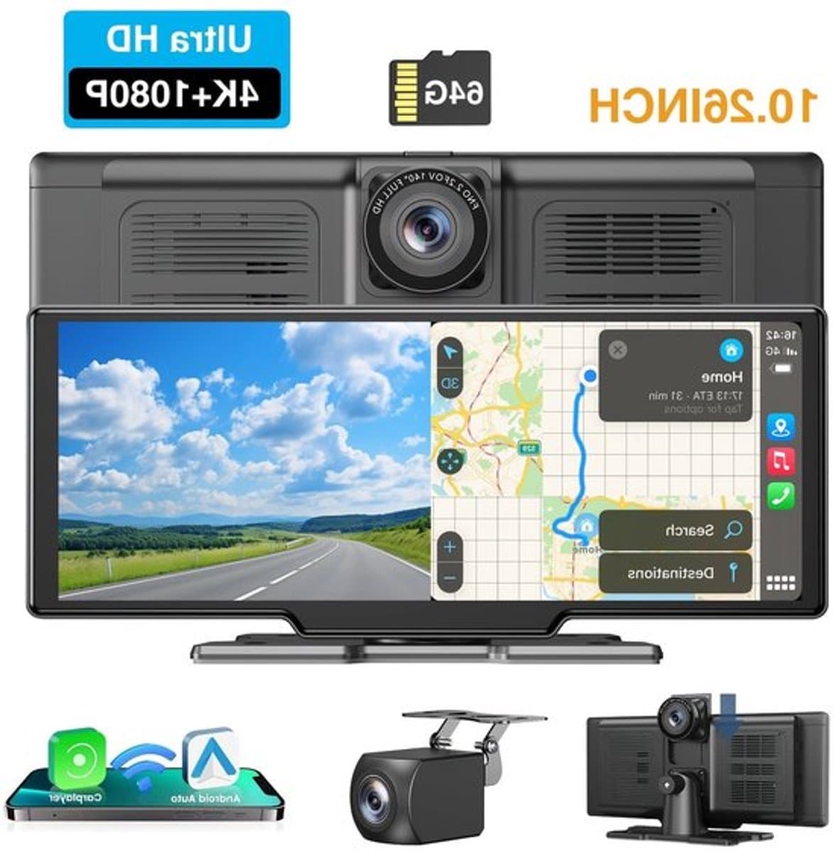 Dashcam – Auto Camera – Multimediasysteem – Recorder – Achteruitrijcamera – 10,26 Inch IPS Touchscreen – 4K Voorcamera & 1080p Achtercamera – Draadloze CarPlay & Android Auto – 64GB Geheugenkaart — afbeelding 1