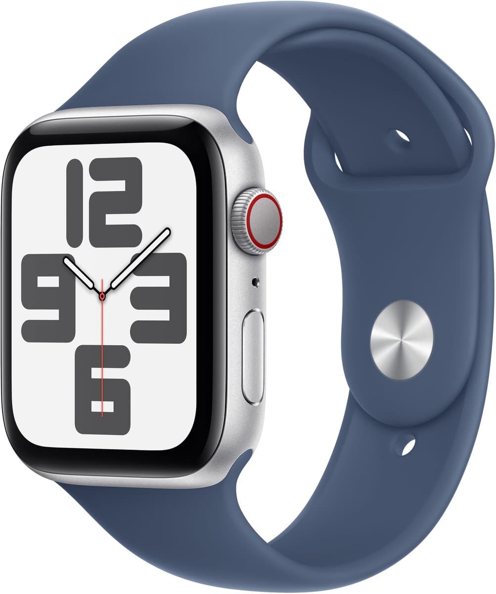 Apple Watch SE 2024 GPS + Cellular 44mm Silver Aluminium Case with Denim Sport Band - S/M — afbeelding 1