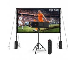 Beamer met WiFi & Bluetooth, 100 Inch Projectiescherm & Standaard van MMOBIEL – Native 1080P, 900 ANSI, 4K Ondersteuning, Automatische Keystone Correctie, 50-300 Inch – Voor HDMI, USB, iOS & Android