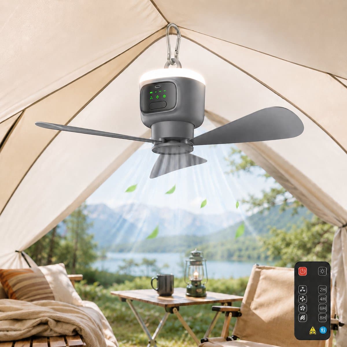 Rosnek Draagbare Campingventilator met LED Verlichting - 12000mAh Oplaadbare Tentventilator - Plafondventilator met Afstandsbediening & Timer - Plafondlampen met ventilator Ø 45cm - 4 Snelheden - Grijs — afbeelding 1
