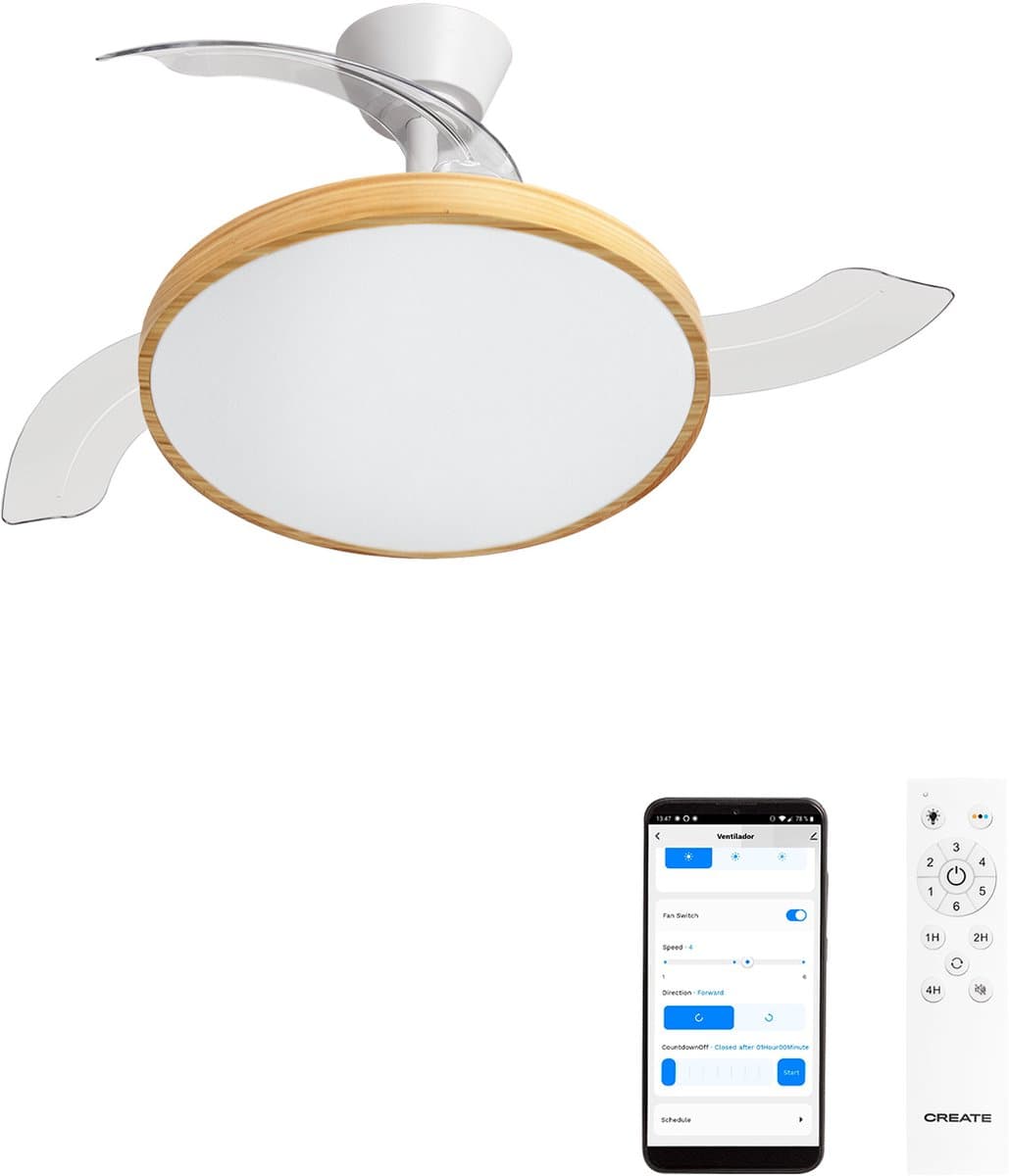 CREATE - Plafondventilator 40W stil met intrekbare bladen met licht - Ø108cm - Wit / Licht hout - WIFI + Afstandsbediening - WIND CLEAR STUDIO — afbeelding 1