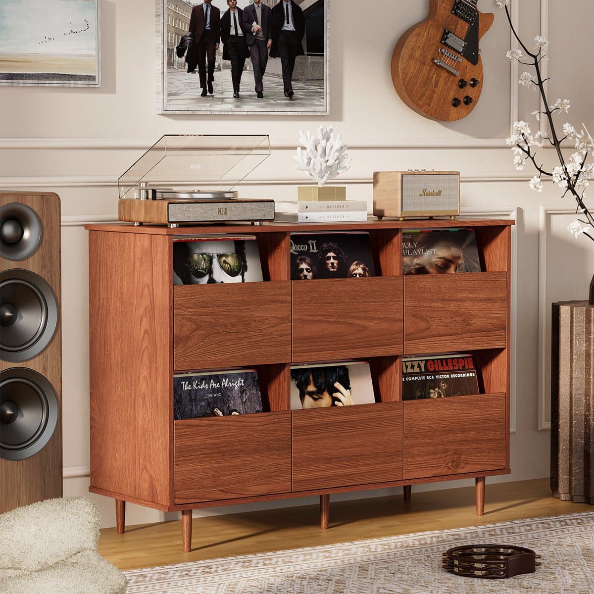 BROTTAR 47,2" platenspelermeubel bruin, vinylplatenkast voor 7"/10"/12" LP's, 6 opbergvakken, retro platenspelerkast voor woonkamer, muziekhoek en vinylverzameling — afbeelding 1