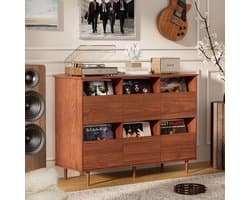 BROTTAR 47,2" platenspelermeubel bruin, vinylplatenkast voor 7"/10"/12" LP's, 6 opbergvakken, retro platenspelerkast voor woonkamer, muziekhoek en vinylverzameling