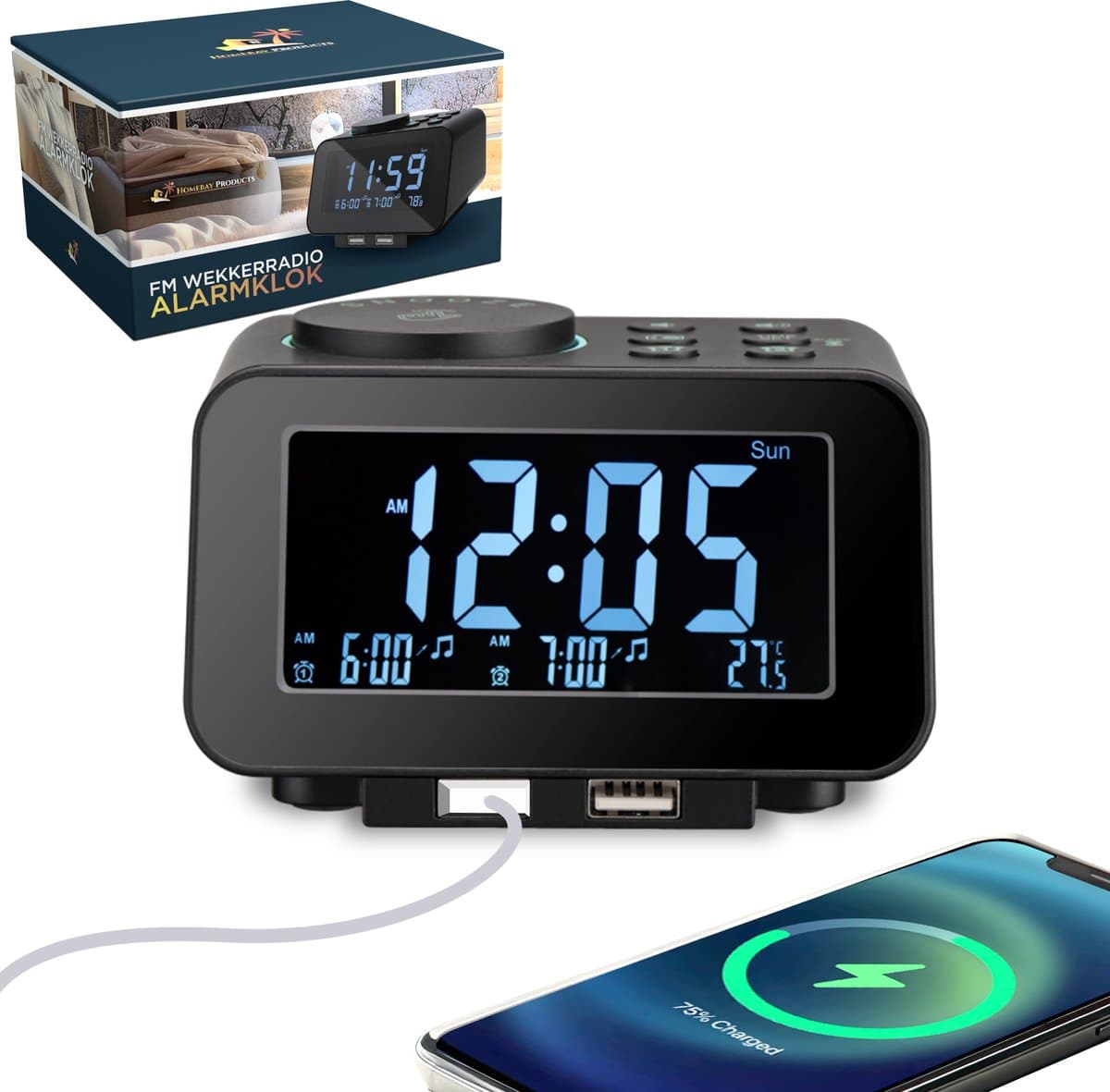 Homebay - Digitale Wekkerradio - Netstroom - 2x USB Oplader - Dimbaar Display - Natuurgeluiden - Zwart — afbeelding 1