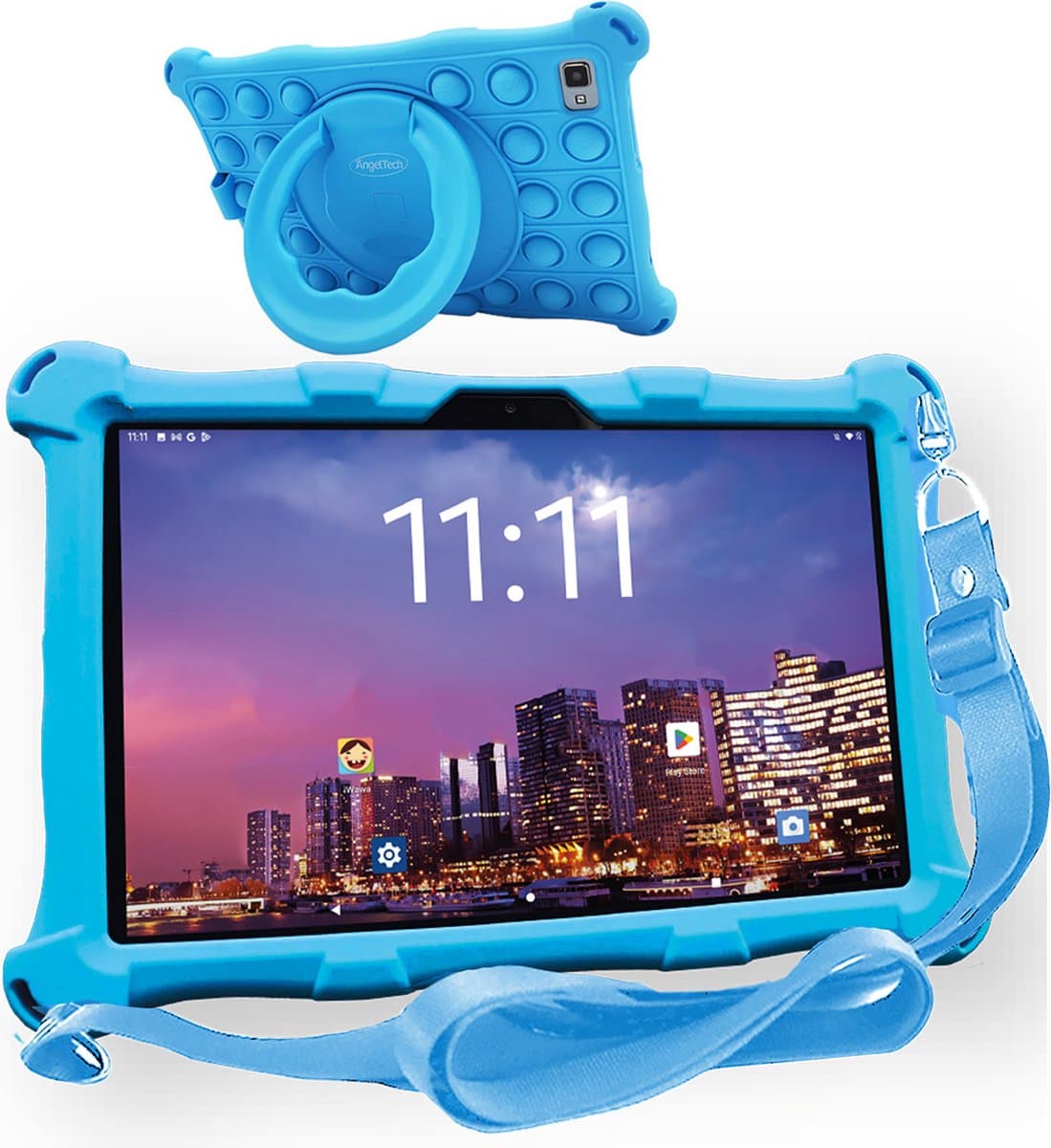 AngelTech Kindertablet XL PRO II - Android 16 - 6+8GB RAM – 128+64GB - Snelle 10 inch Kindertablet - Vanaf 3 Jaar – 100%Kidsproof – Ouderlijk Toezicht – 360° Fidgy Beschermhoes – Blauw — afbeelding 1
