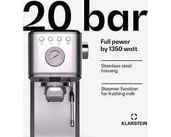 Klarstein Steelpresso Touch Slim Portafilterapparaat - 20 Bar - 1350 W - 1.2 Liter waterreservoir - Stoompijpje - Roestvrij Staal - Compact - Zilver