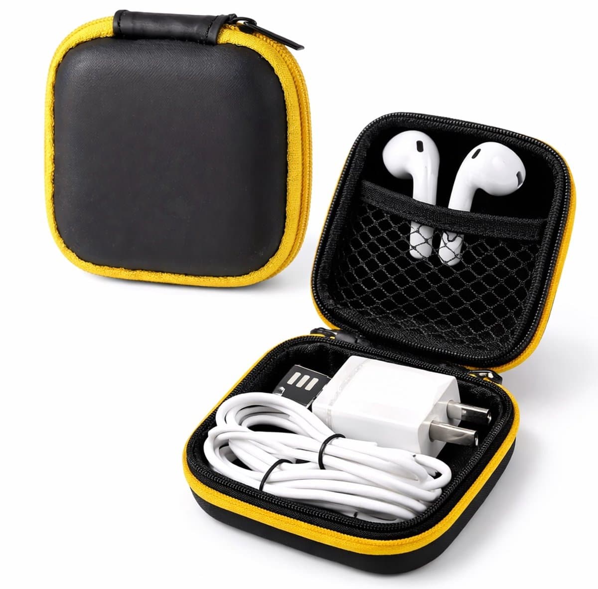 Oortjes Opberg Hoesje Voor Earphnes I Case Voor In-ear koptelefoon I Oortyejs Case | Headphone Organizer | Opbergcase Laadkabels I Zwart/Geel — afbeelding 1
