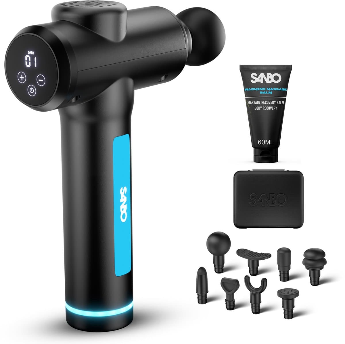 Sanbo Massage Gun Professioneel Gen 4 - Incl. Massage Balsem - 30 Intensiteitsstanden en 8 opzetstukken - Massage Apparaat - Massageapparaat Massagegun - Massage Pistool - Hyrox - Crossfit - Zwart — afbeelding 1