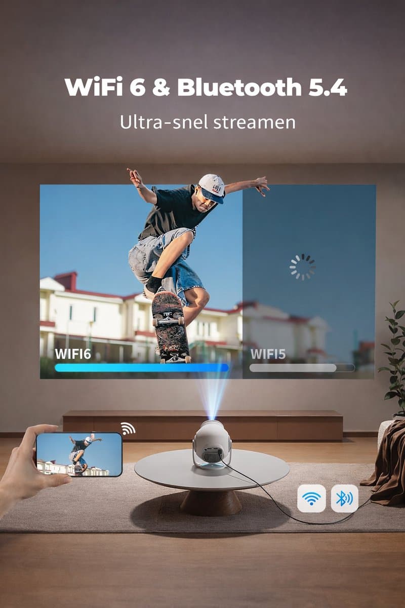 Mini Beamer met Android 14 – Draagbare Projector met 480 ANSI Lumen – WiFi 6 & Bluetooth 5.4 – 8K Decodering – 180° Draaibaar voor Thuisbioscoop — afbeelding 1