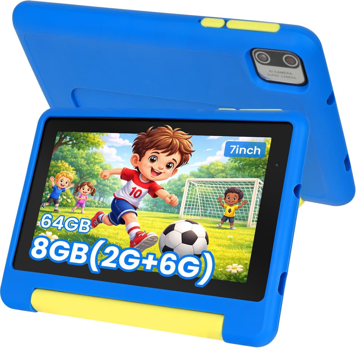 Kindertablet 7 inch - 128GB (64GB+64GB) + 8GB RAM - Tablet Inclusief Beschermhoes en 64GB SD-kaart - Ouderlijk Toezicht & Lange Batterijduur - Blauw — afbeelding 1