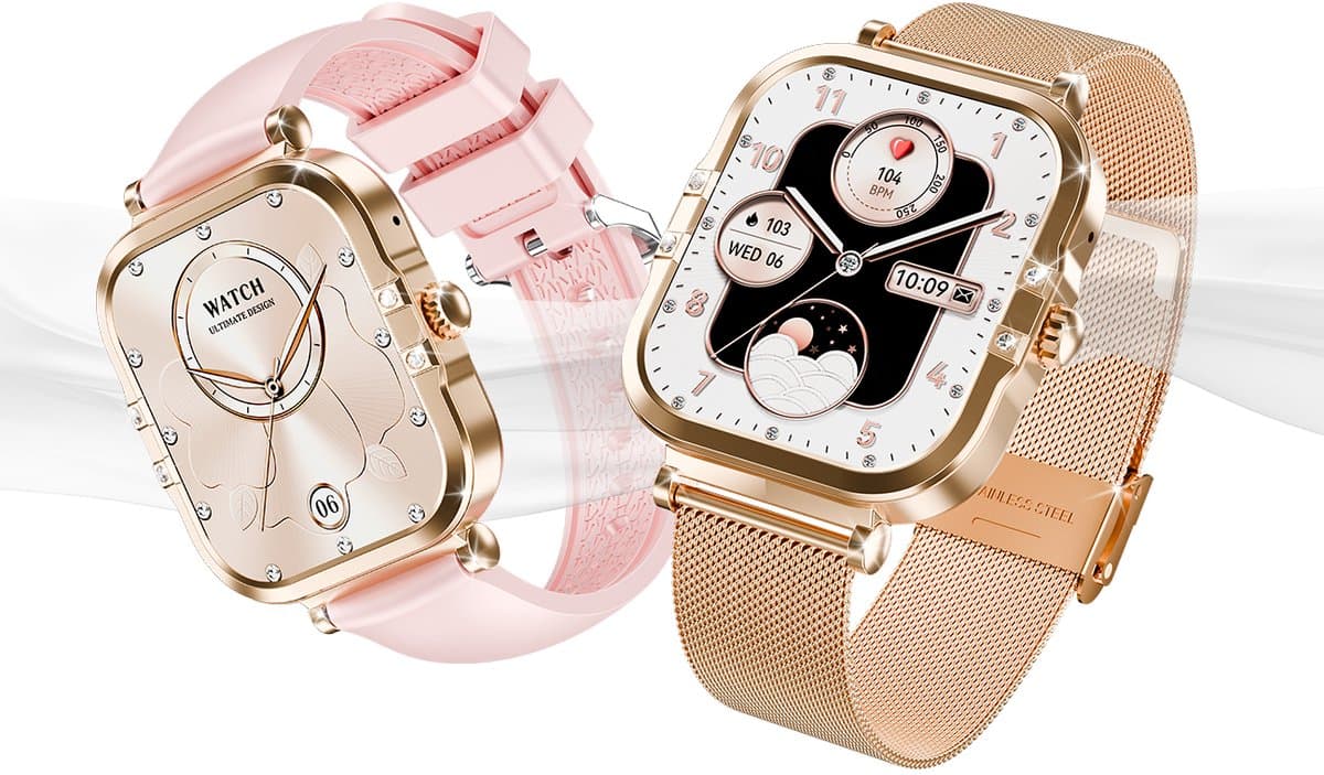 AMOLED-smartwatch voor dames - Nieuw voor 2025 - 1,75-inch fitnesshorloge met telefoonfunctionaliteit - Twee bandjes - Volledig touchscreen - Vierkant ontwerp - Stijlvol sporthorloge voor dames - Compatibel met Android 4.4+ / iOS 10.0+. — afbeelding 1