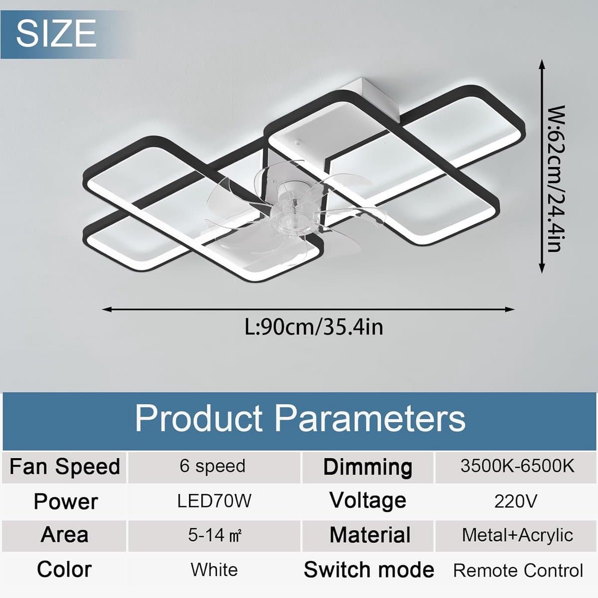 LED Plafondlamp met Ventilator Dimbaar 35 Inch - 6 Versnellingen, Omkeerbaar, APP & Afstandsbediening - Modern voor Woonkamer en Slaapkamer — afbeelding 1