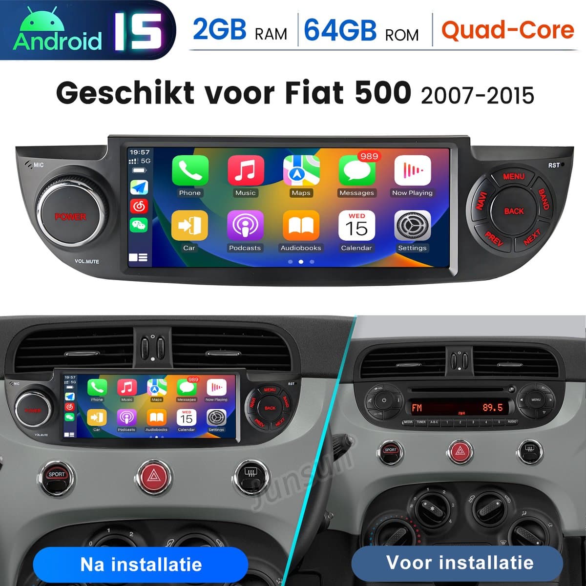 Hexinex Quad-Core autoradio Geschikt voor Fiat 500 (2007-2015) - Draadloos CarPlay, Android Auto, Ondersteunt DAB+, multimediaspeler, 2GB+64GB, zwart — afbeelding 1