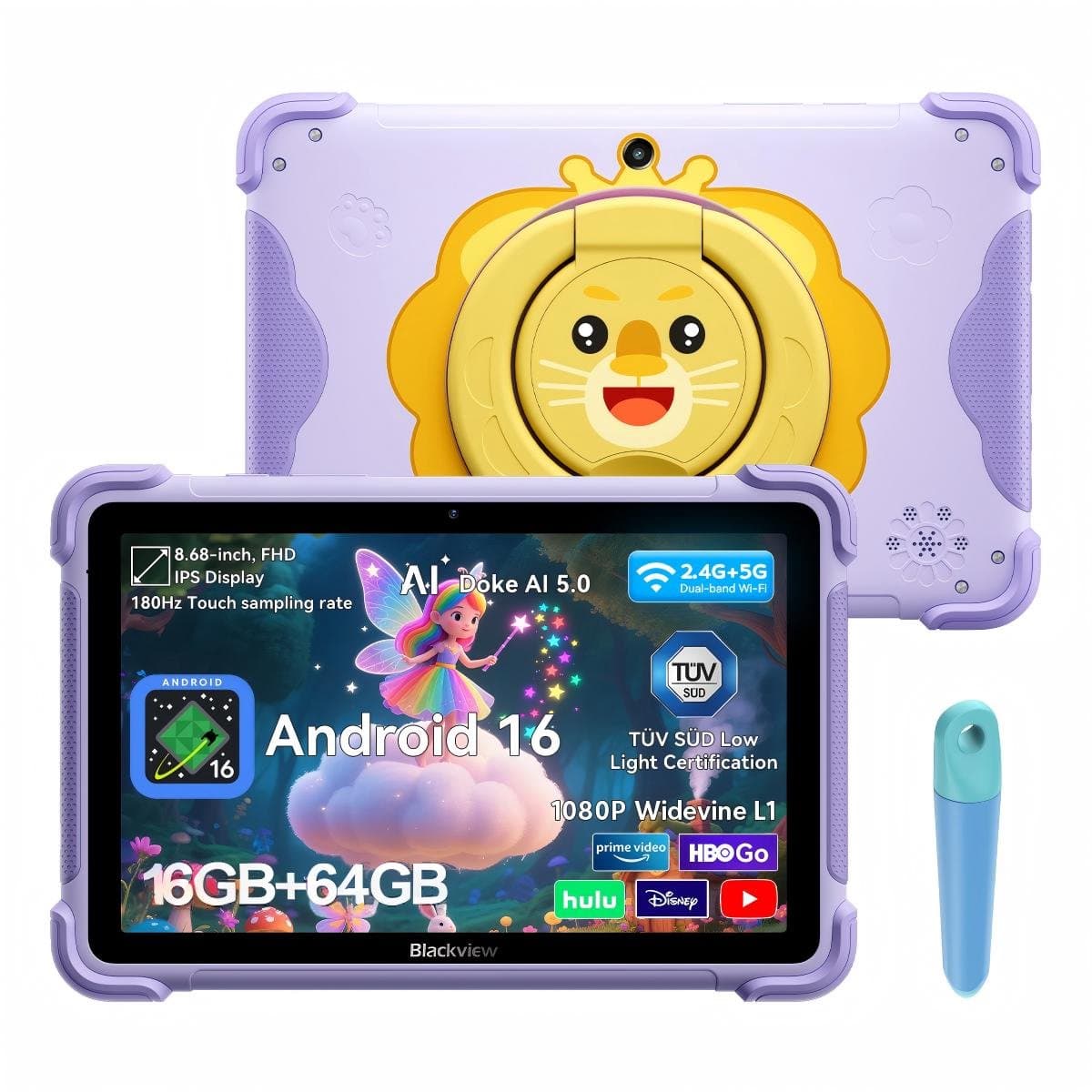 Blackview LINK 1 Kids - Tablet - 16GB RAM - 64GB ROM - 8.68 inch - 5000mAh - Android 16 - Met pen - Beschermhoes - Paars — afbeelding 1