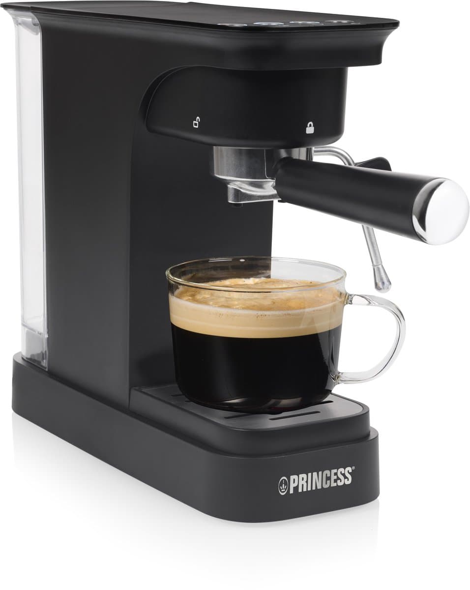Espressomachine 20 bar - Princess Piston Espressomachine – Geschikt voor Gemalen Koffie & ESE‑pads – 0,8L Waterreservoir – Stoompijpje voor Cappuccino & Latte – Compact Koffiezetapparaat – Zwart – 01.249421.01.001 — afbeelding 1