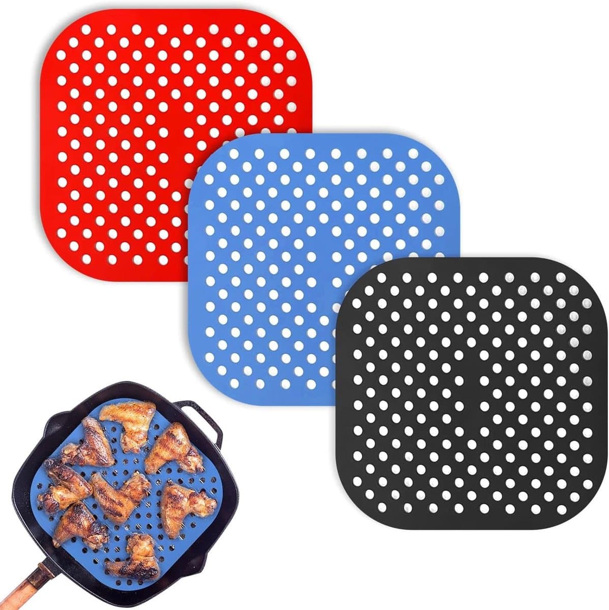 Siliconen Airfryer Liners Set van 3 - Square Mats - 21.5×21.5cm - Herbruikbaar & Anti-aanbak - Hittebestendige Matjes voor Heteluchtfriteuse - voor Dampfkorb en Mikrowellen - Rood, Blauw & Zwart — afbeelding 1