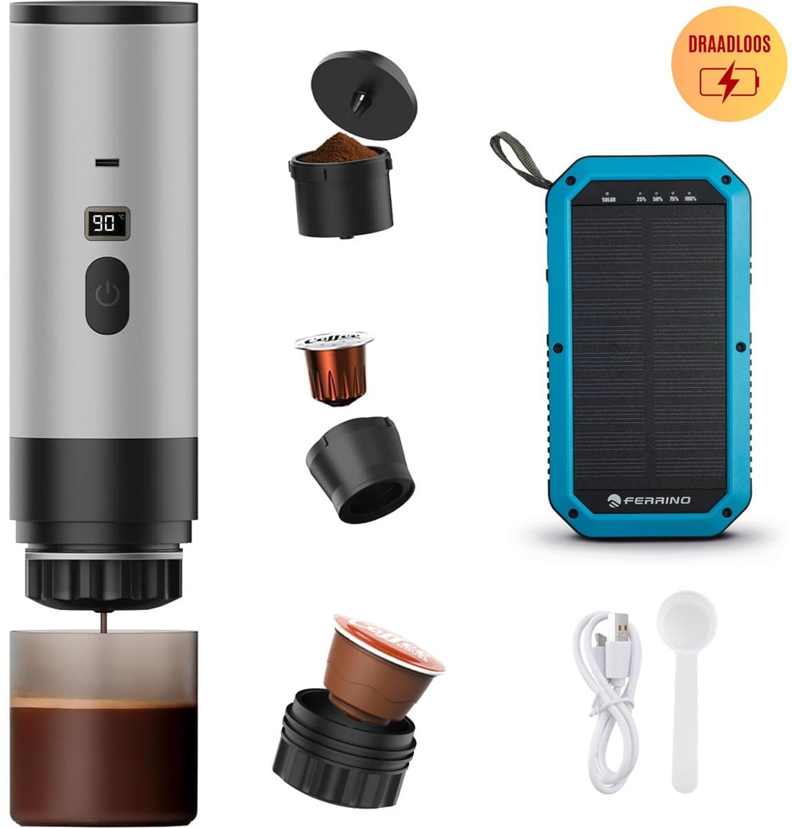 Best Active - 3-in-1 Draagbare Koffiemachine - Inclusief 10.000 mAh Solar Powerbank - Draagbaar Koffiezetapparaat - Cups en Gemalen Koffie - Draagbaar en Oplaadbaar - Espressomachine - Zilver — afbeelding 1