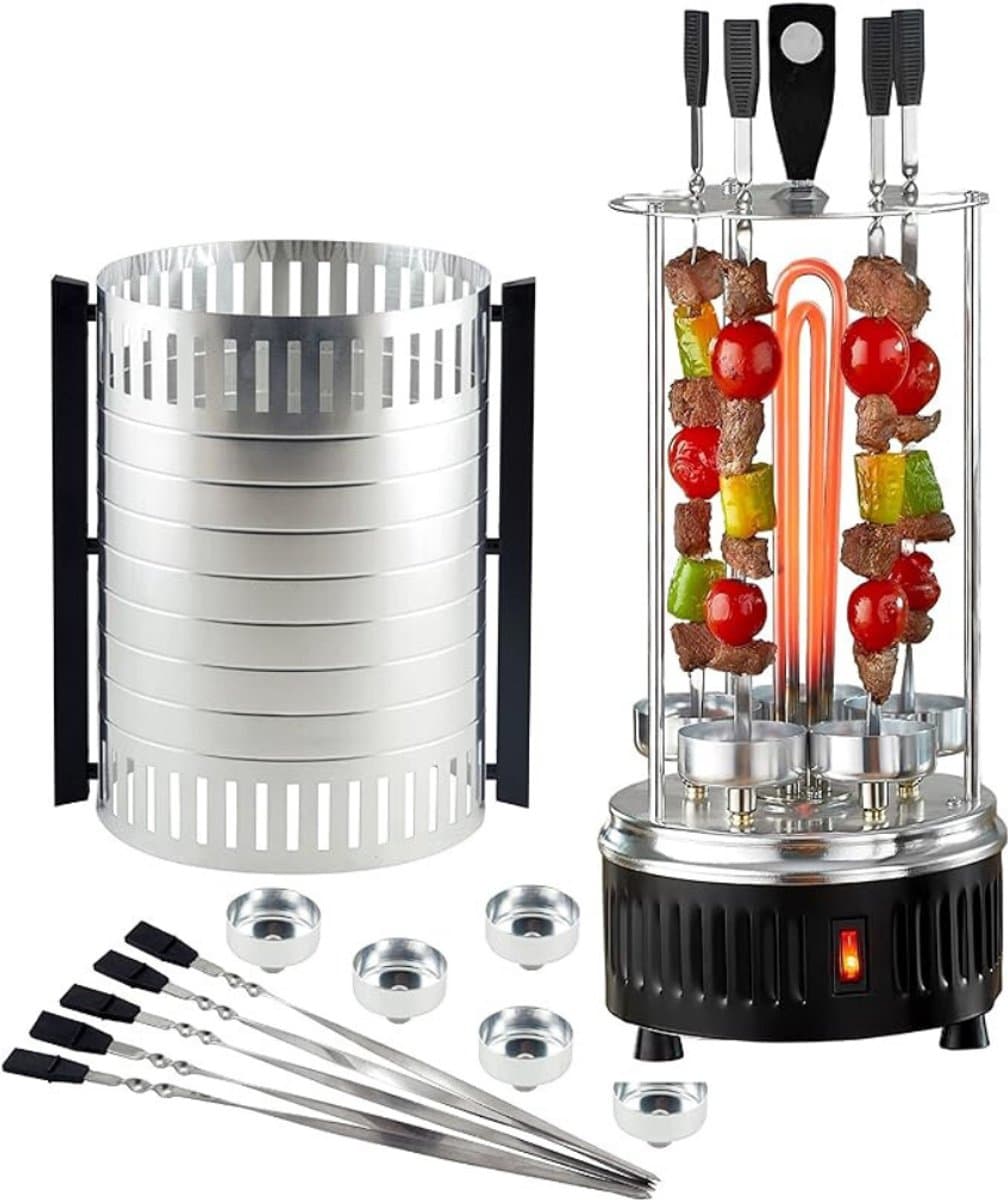 Aurixi® Kebab Grill – Verticale Grill Inclusief 5 Kebab Spiezen – Donorgrill Met Opvangbakjes – Shoarmagrill - Kebabgrill - Grill Apparaat Inclusief Aluminium Body – Zwart - 25cm x 25cm x 50cm — afbeelding 1