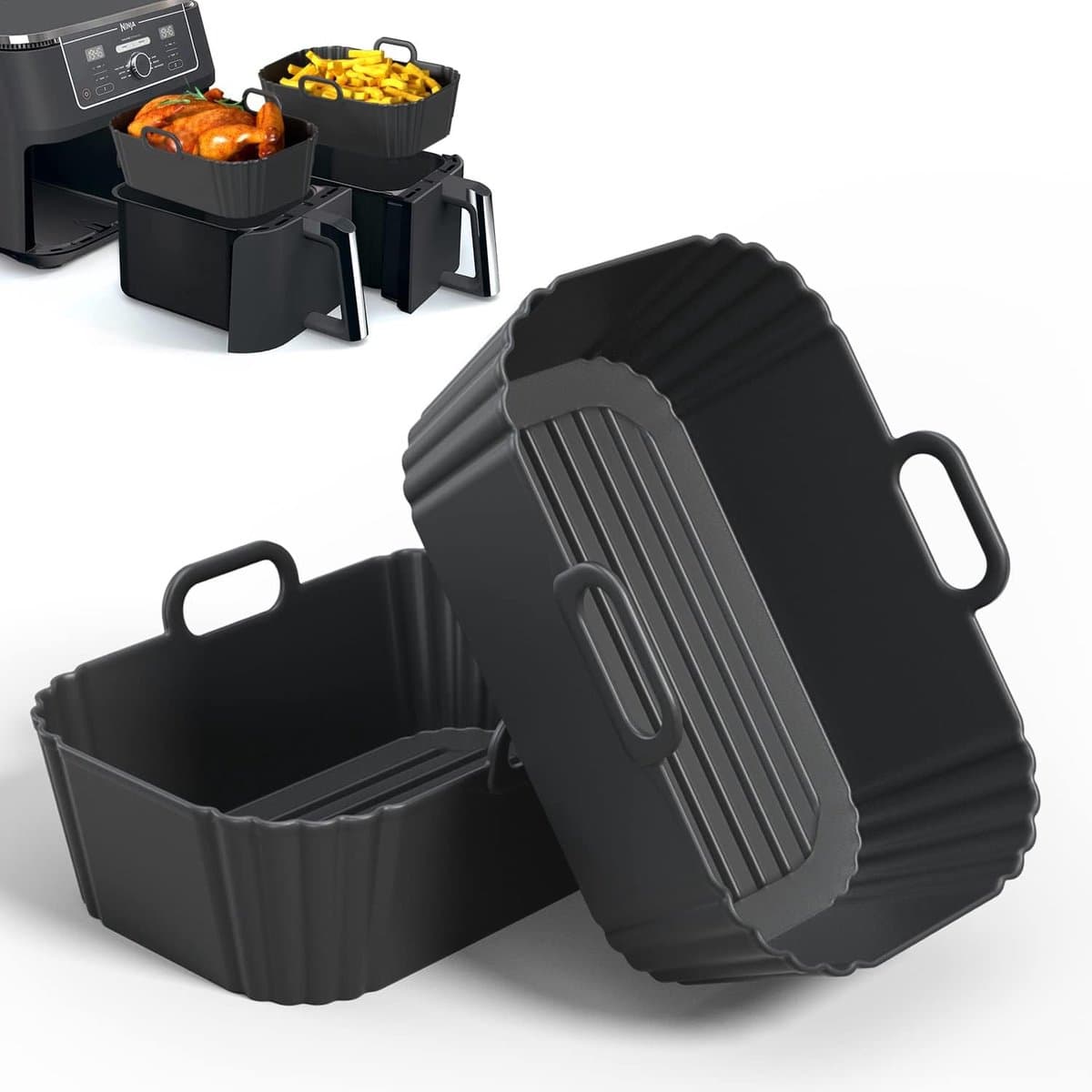 2 stuks - Airfryer-trays - Siliconen Airfryer-voeringen - Herbruikbare voeringen - Airfryer-manden - Zwart — afbeelding 1