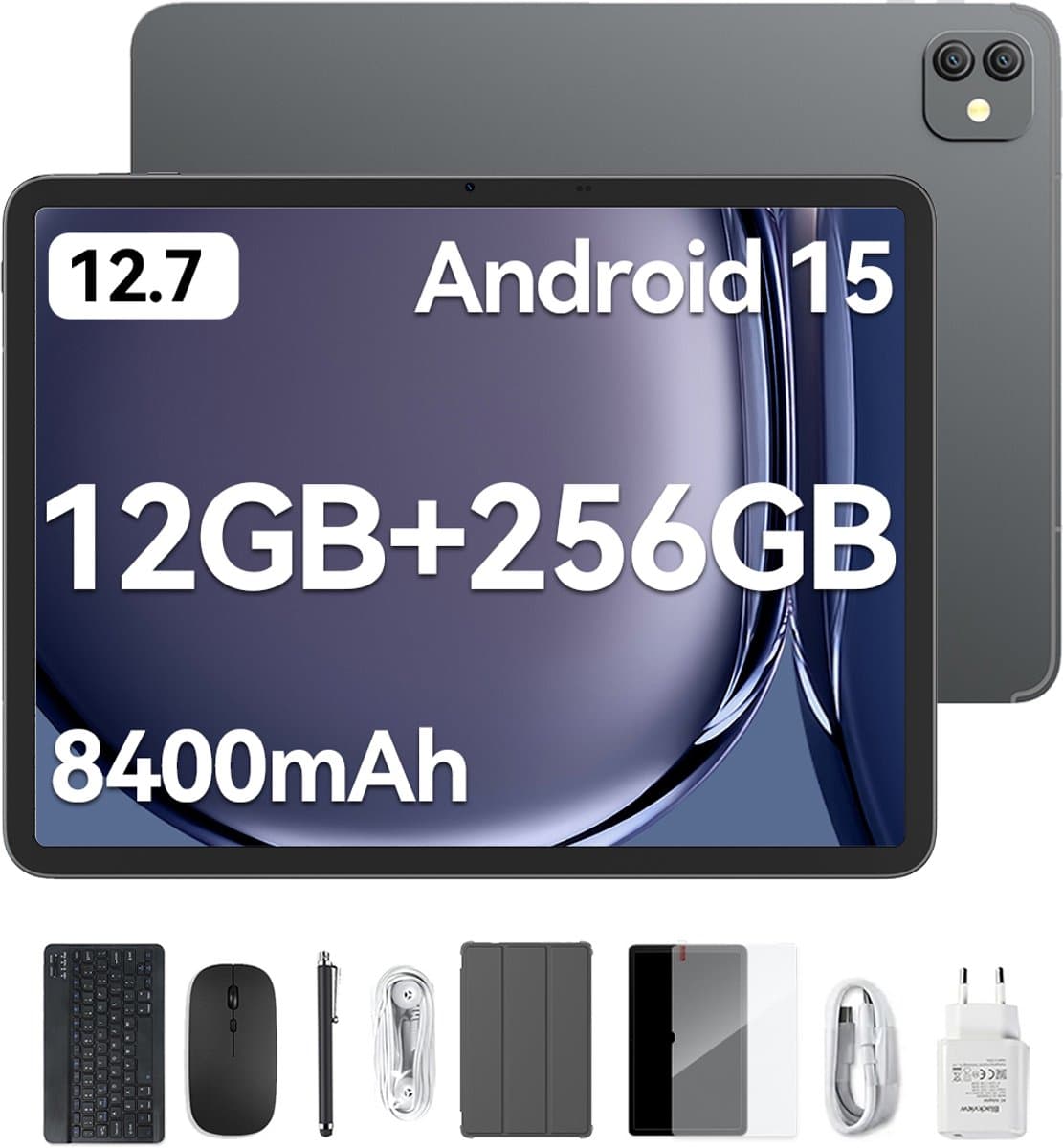Blackview LINK 8 Tablet - Octa Core G100 Tablet - 12.7 Inch - 36 GB RAM + 256 GB ROM - Android 15 Tablet - Met Toetsenbord(QWERTY), Beschermhoes, Muis, Stylus - 8400 mAh - 90 Hz 2K FHD Scherm - Widevine L1 - 5G WiFi - Gezichtsherkenning - Zwart — afbeelding 1