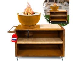 HEAT Buitenkeuken Trolley Roest – Vuurschaal 60 cm - Mobiele BBQ & Plancha met Snijplank – 117x46x106 cm