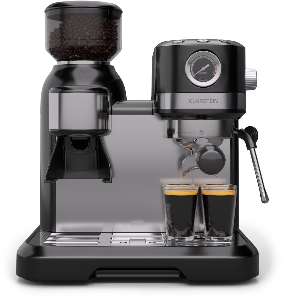 Klarstein Koffiemachine Bella Café portafiltermachine Met Maalwerk – 19 Bar, 1.550 W, 1,4-l-Watertank, Ingebouwd Kegelmaalwerk, Melkopschuimer, 2 Tasseninzetten, Thermo-blok, Zwart - Espressomachine,4L - voor Keuken - LED — afbeelding 1