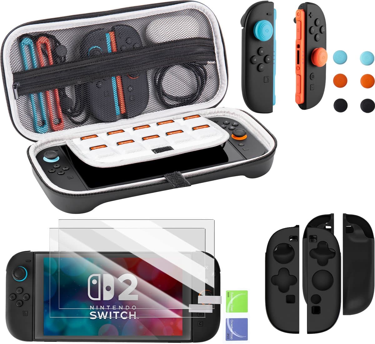 PlayCool Starter Kit geschikt voor Nintendo Switch 2 – Beschermhoes, 2 stuks Screenprotector, 6 stuks Thumb Grips & 2 stuks Joy-Con Siliconen Covers — afbeelding 1