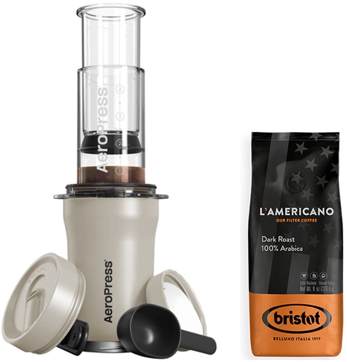 AeroPress Go Plus - Coffee Maker Cream + Bristot L'Americano Dark Roast Koffie 226,8 gram — afbeelding 1