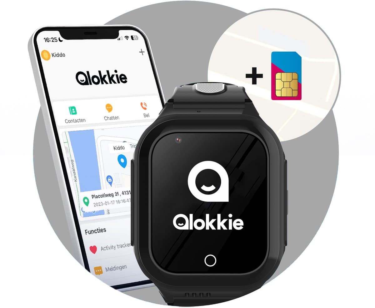 Qlokkie Kiddo GO - GPS horloge kind - Smartwatch kinderen - GPS tracker kind met nauwkeurige locatiebepaling - GPS horloge kind met simkaart - Stel veilige zones in - SOS functie - Whatsapp - Zwart — afbeelding 1
