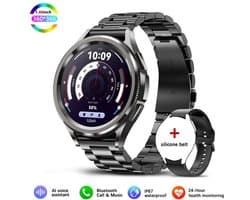 Knobbout Slimme Bluetooth Smartwatch 1.46" Scherm– Full HD Kleuren Display – Hartslag & Bloeddruk & Bloedzuurstof – Bluetooth Bellen, Muziek, AI Spraakbesturing – Vrouwen Gezondheid, Waterdicht – iOS & Android - Zwart staal+silicone horlogebandjes