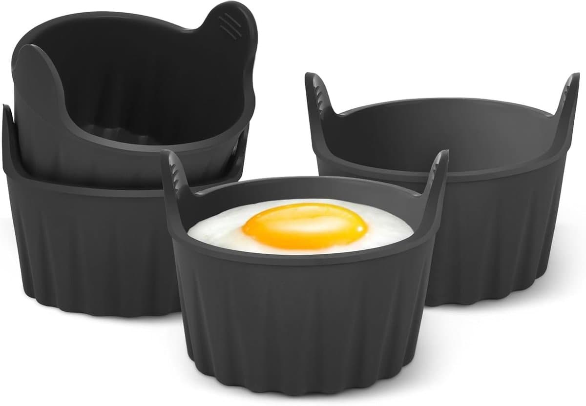Eierkoker-pocheerders-4 stuks eierkokers voor de airfryer-ovenschaaltjes voor de airfryer-bakvormen voor gepocheerde eieren -van voedingskwaliteit-Ovenschaaltjes voor soufflégerechten-muffins-cupcakes-vla en pudding-zwart — afbeelding 1