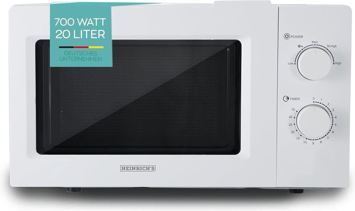HEINRICHS HMW 8845 W, compacte magnetron, 20 l inhoud, 5 standen, incl. timer, ontdooifunctie, binnenverlichting, 360° draaiplateau, twee draaiknoppen, wit, 700 W vermogen — afbeelding 1