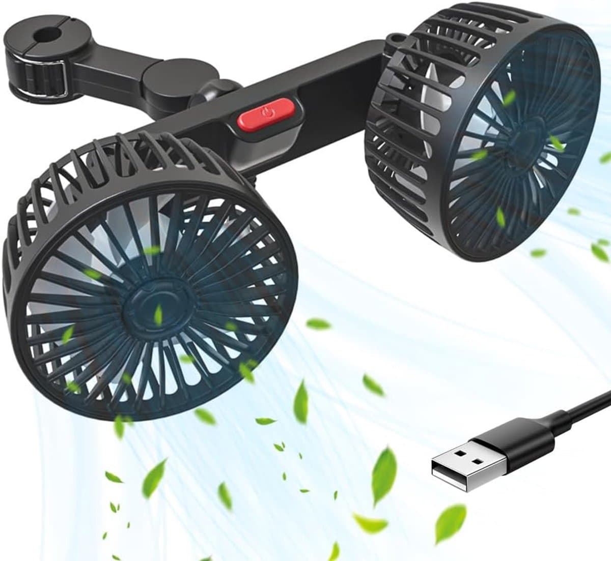 Autoventilator, USB-ventilator, 5 V, 2 A, met 3 snelheden, voor achterbank, passagiers, 360 graden draaibaar, ventilator met twee koppen, voor voertuigen zoals sedan, SUV, camper — afbeelding 1
