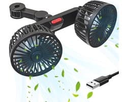 Autoventilator, USB-ventilator, 5 V, 2 A, met 3 snelheden, voor achterbank, passagiers, 360 graden draaibaar, ventilator met twee koppen, voor voertuigen zoals sedan, SUV, camper