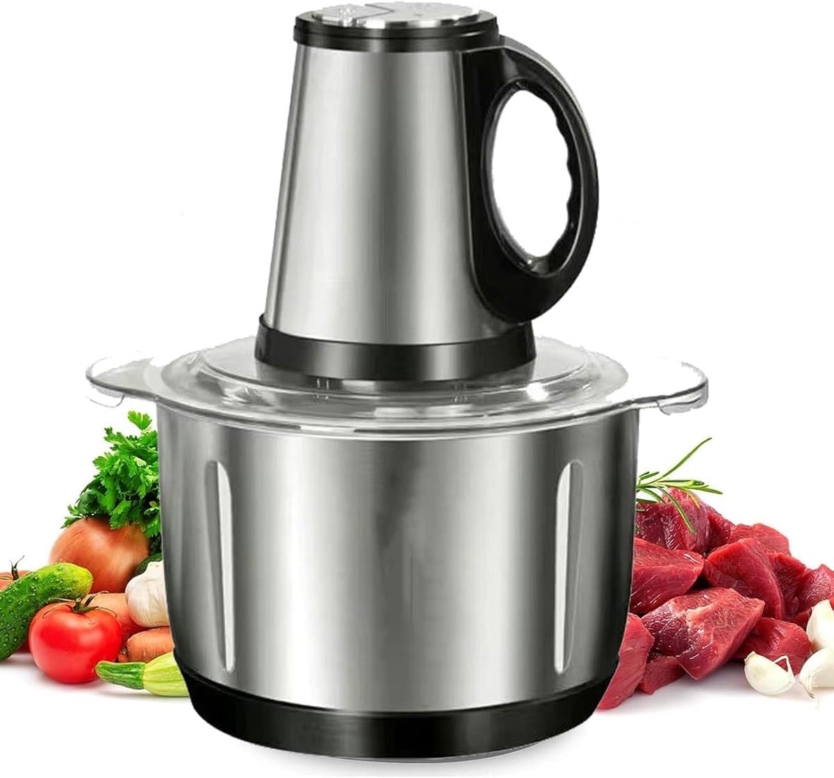 Keukenmachine - Voedselmolen Groentehakker - Snel Ingrediënten Hakken - Dubbele RVS Messen - 3L Kom - Zilver — afbeelding 1
