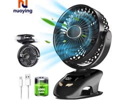 Kinderwagen Ventilator met Clip – USB Oplaadbaar 6000mAh – 5 Standen – Digitaal Display – 90° Kantelbaar – Bureauventilator – Zwart — afbeelding 1