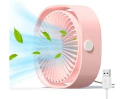 GELLDG Mini USB-bureauventilator - Tafelventilator - Miniventilator - Stil en draagbaar - Werkt op USB - Batterijen niet inbegrepen - 3 windsnelheden - 360° draaibaar - Geschikt voor thuis en op reis - Roze