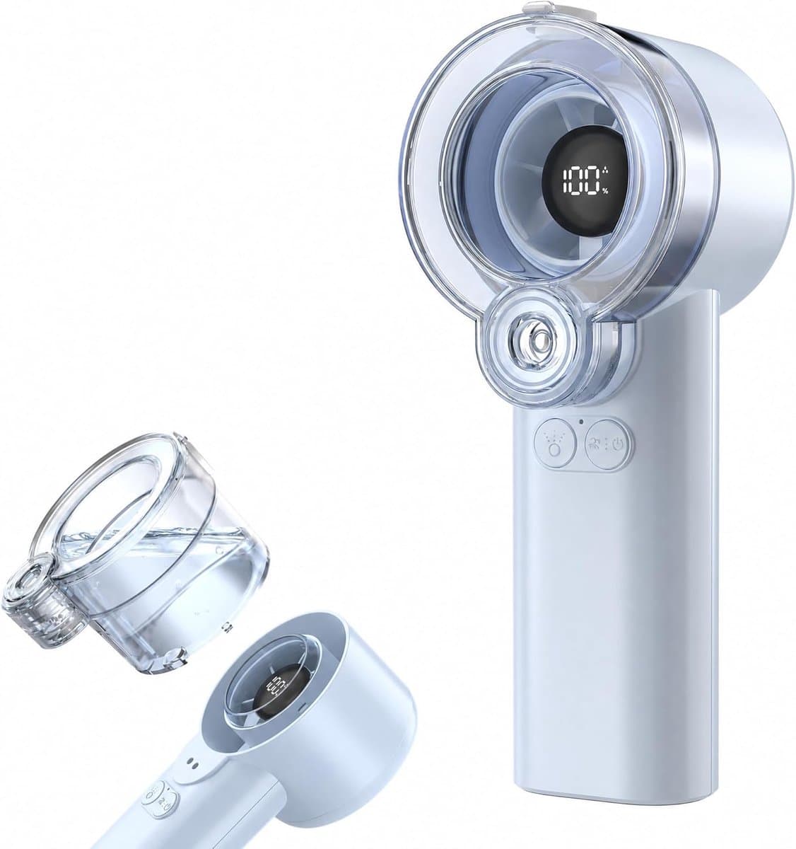LISM-2-in-1 handventilator met sproeifunctie, draagbare waternevelventilator (oplaadbaar, met 5 snelheden en led-display), persoonlijke mini-koelventilator met afneembaar waterreservoir, zomercadeau Geschikt voor mannen en vrouwen - blauw — afbeelding 1