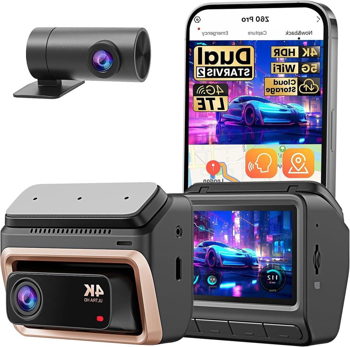 Auto Camera - Rijcamera - Veiligheid Onderweg - Dubbele STARVIS 2 - 4K+1080P - Zwart — afbeelding 1