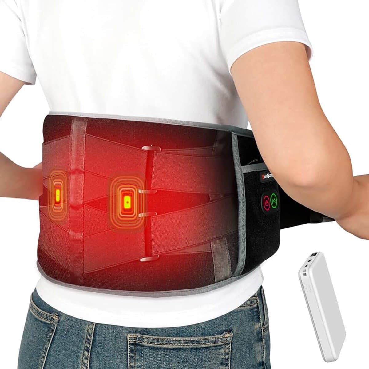 Warmtegordel trillingsmassage voor rug met 25 Wh accu, 155 x 20 cm draadloos massageapparaat met verstelbare spanningsband, rugwarmer verwarmingsgordel met USB-cadeaus voor moeders, vrouwen — afbeelding 1
