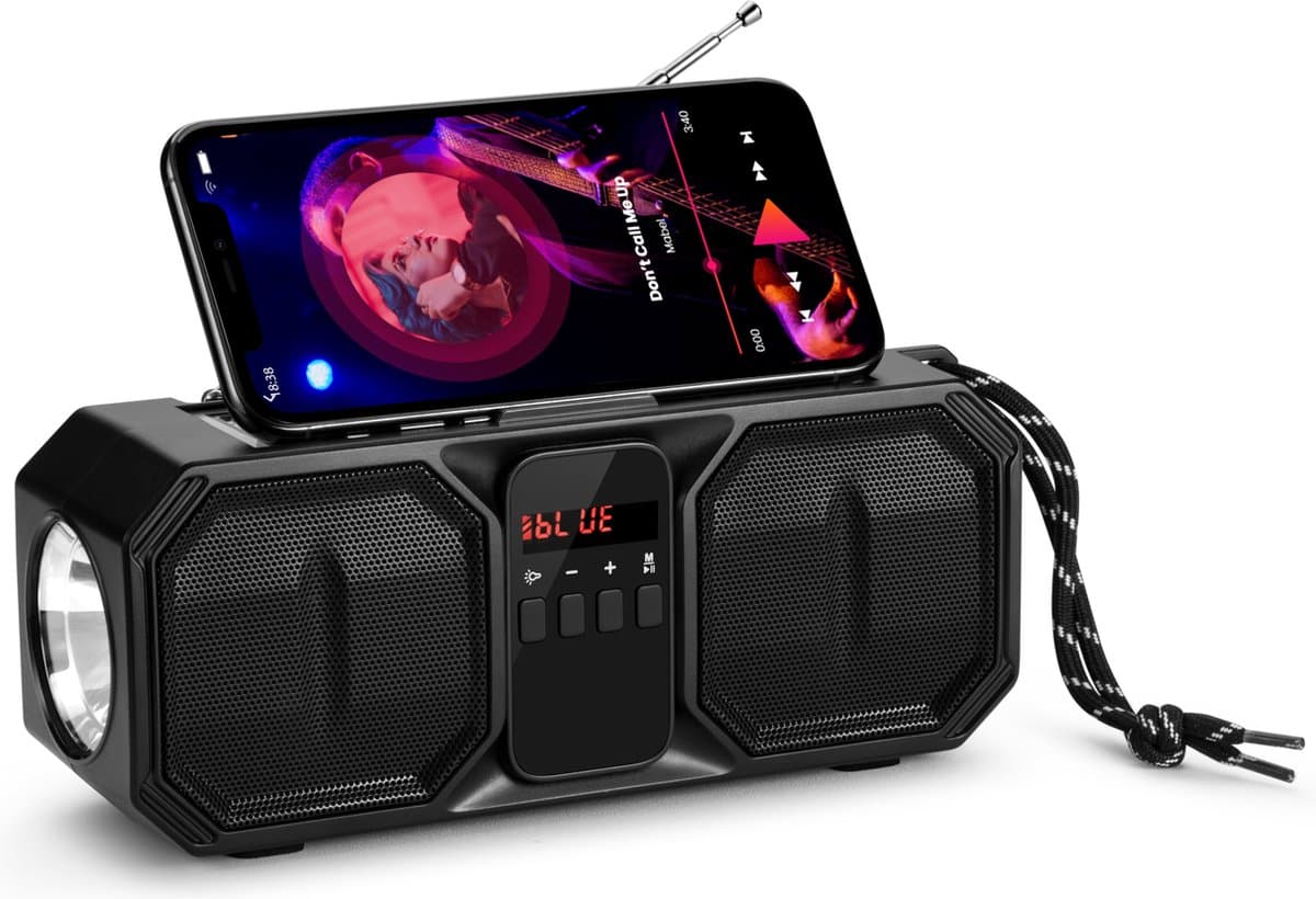 Denver Noodradio - Bluetooth Speaker - Solar Powerbank - 80W - FM Radio - Zaklamp - USB - BTG158 - Zwart — afbeelding 1