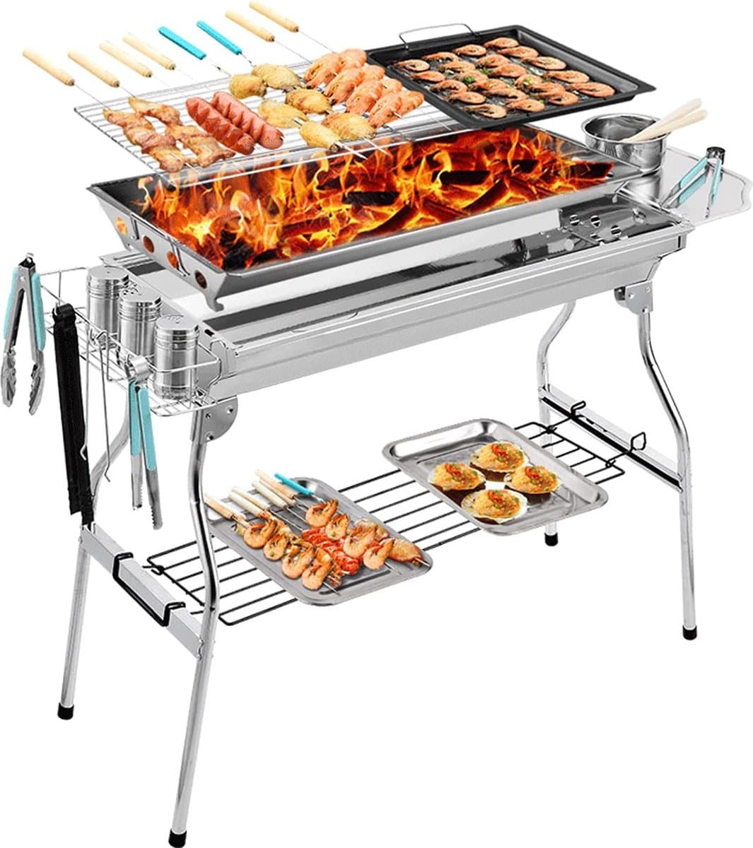 Barbecue En Frituren Dual-Purpose Barbecuegrill | Draagbare Houtskoolgrill Voor Buiten | Geschikt Voor 5-10 Personen Wandelen Picknick Kamperen Barbecuefeest — afbeelding 1